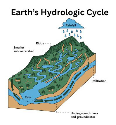 The Hydrologic Cycle pulls water & pollutants through soil & rock crevices into groundwater aquifers or by runoff that collects in oceans and lakes.