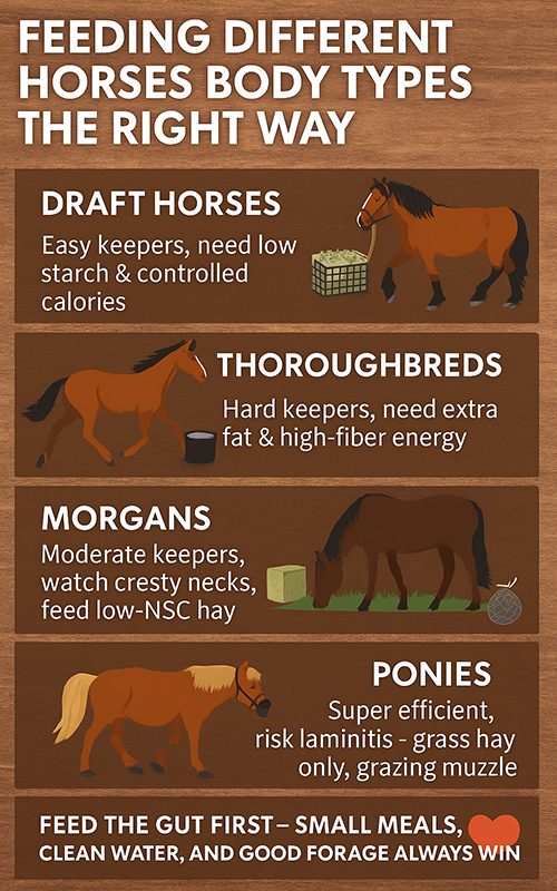 Infographic showing feeding tips for Draft Horses, Thoroughbreds, Morgans, and Ponies, comparing calorie needs, hay type, and risk factors like laminitis.