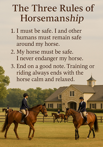 Horsemanship Rules - 1. I must be safe. 2. My horse must be safe 3. End on a good  note.