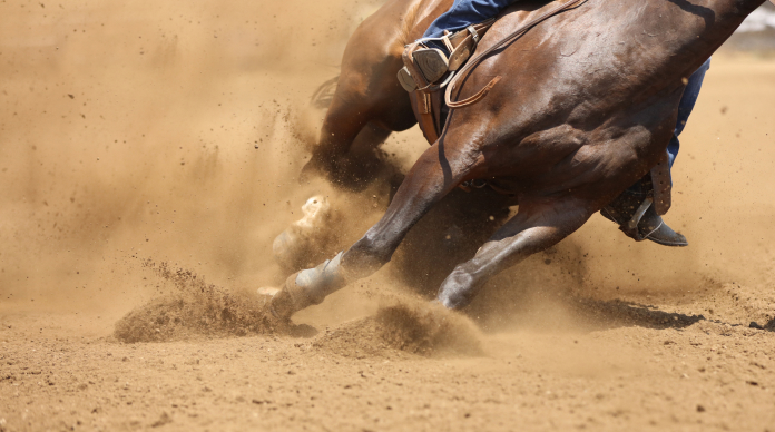 Reining horse sliding hard through dirt during a competition run, hooves throwing up dust