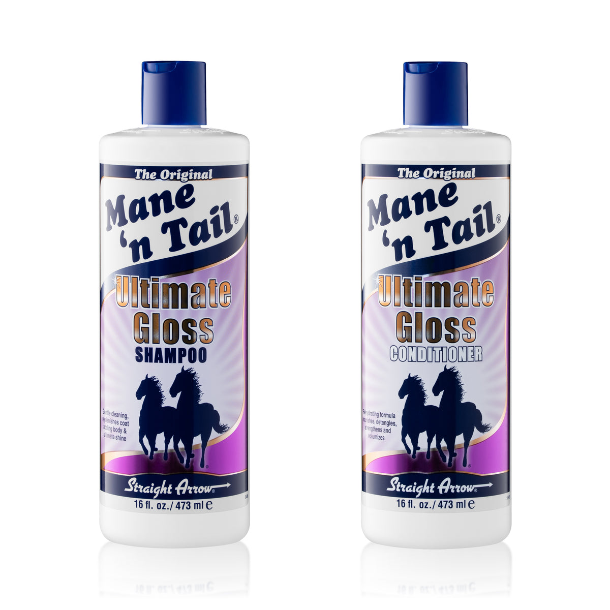Mane 'n Tail Ultimate Gloss Shampoo and Conditioner bottles shown as a paired grooming set